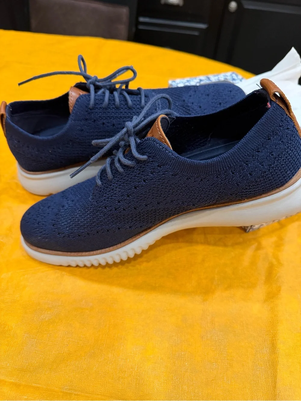 Cole Haan Navy Knit Lace-Up Oxfords with Tan Accents